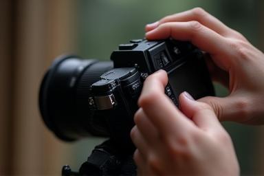 Photographer adjusting camera settings